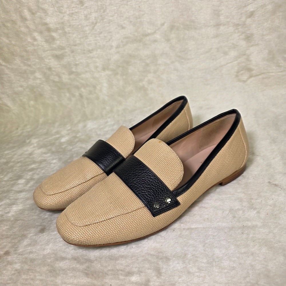 Kate Spade Marina Raffia Loafers Beige Black Square Toe Women 7B Excellent